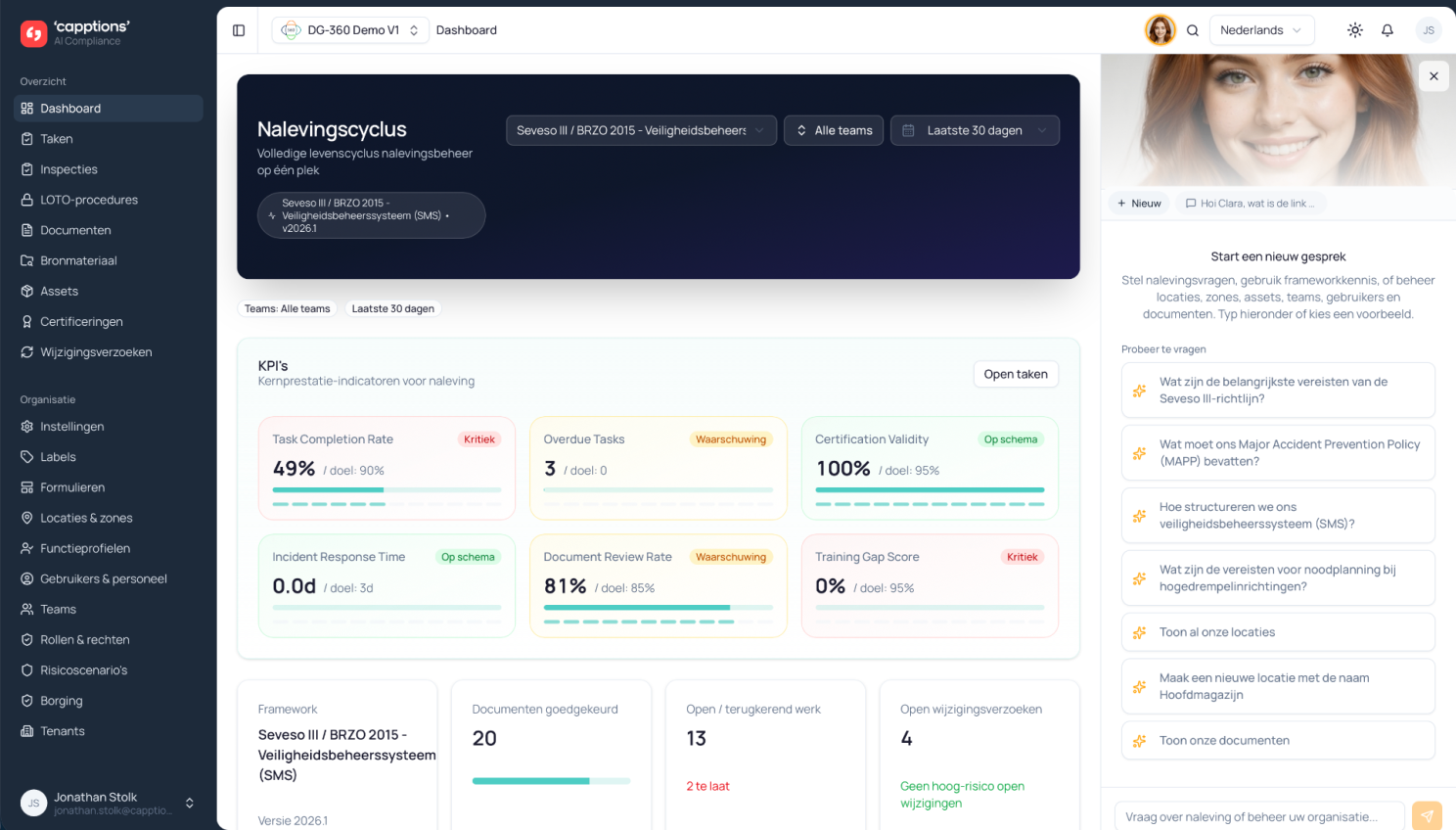Capptions.ai dashboard met Seveso-III AI Assistent Clara in beeld